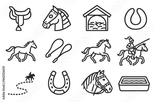 Historic War Horses Icons. Line style icons of historic war horses: war saddle, armored horse head, stable with straw, hoof