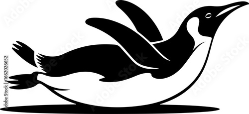 black silhouette of a playful penguin sliding belly-first on the ground