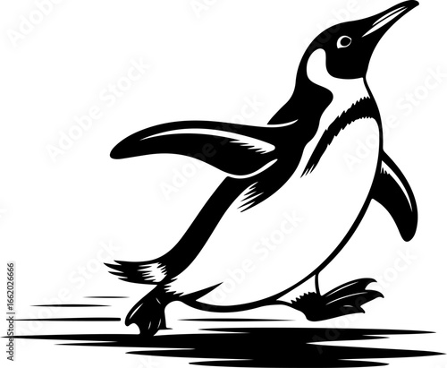 black silhouette of a playful penguin sliding belly-first on the ground