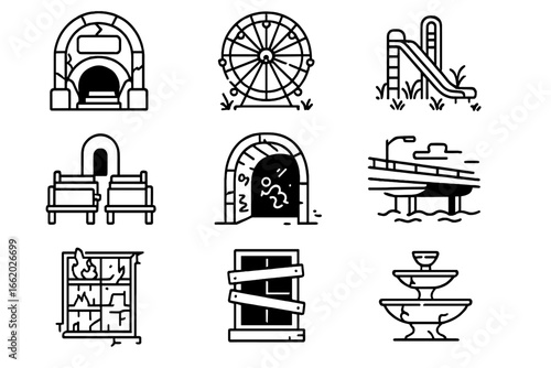 Legendary Abandoned Icons. Line style icons of abandoned places in legends: cracked subway entrance, rusted ferris wheel,