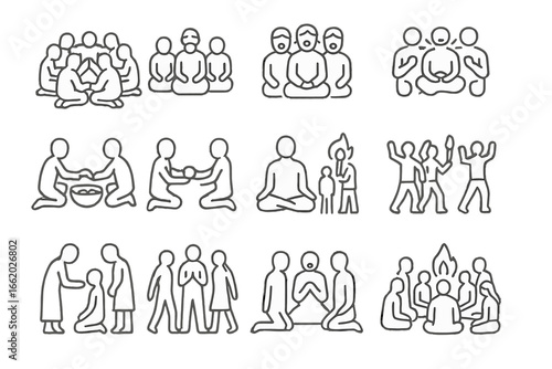 Line Art Ritual Icons. Line style icons of group ritual scenes: community prayer circle, elders seated, group chant session,