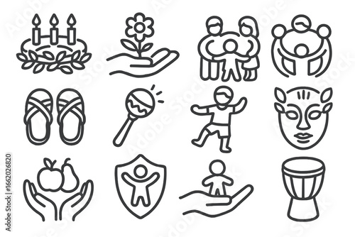 Children's Ritual Icons. Line style icons of children’s cultural rituals: birthday candle ring, naming flower, family circle chant