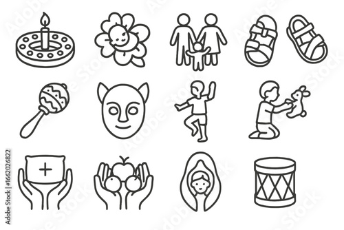Children's Ritual Icons. Line style icons of children’s cultural rituals: birthday candle ring, naming flower, family circle chant