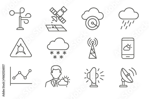 Weather Alert Icons. Line style icons of weather monitoring and alerts: wind gauge icon, satellite map icon, cloud radar, rainfall