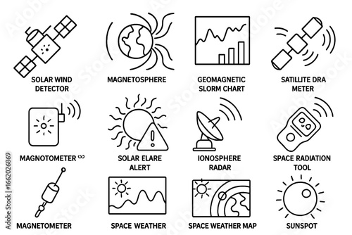 Space Weather Instrument Icons. Line style icons of space weather instruments: solar wind detector, magnetosphere sensor,