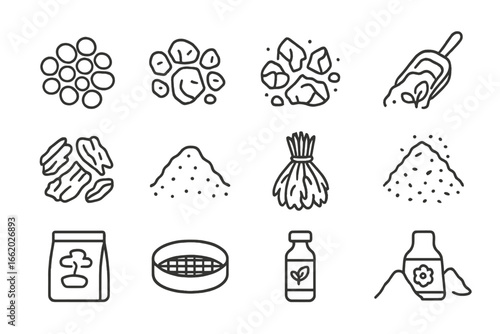 Bonsai Soil Ingredients. Line style icons of bonsai soil ingredients: akadama soil granules, pumice stone mix, lava rock fragments