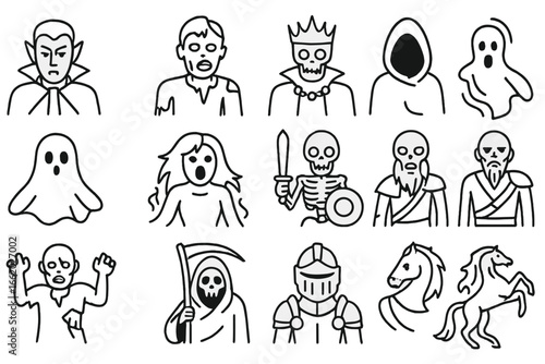 Mythical Undead Icons. Line style icons of undead mythological creatures: vampire, zombie, lich, wraith, ghost, banshee, skeleton