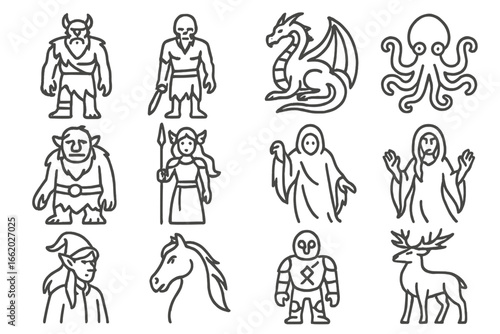 Nordic Mythical Icons. Line style icons of Nordic mythical creatures: frost giant, draugr, lindworm, kraken, troll, valkyrie,