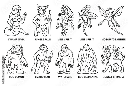 Jungle and Swamp Beasts. Line style icons of jungle and swamp beasts: swamp naga, jungle faun, vine spirit, mosquito banshee, frog