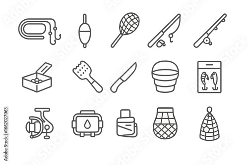 Fishing Survival Icons. Line style icons of fishing survival tools: line and hook set, float bobber, pocket net, mini rod, bait