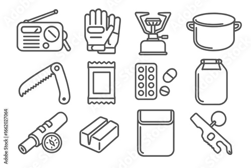 Survival Tool Icons. Line style icons of essential survival tools: hand crank radio, tactical gloves, compact stove, cooking pot,