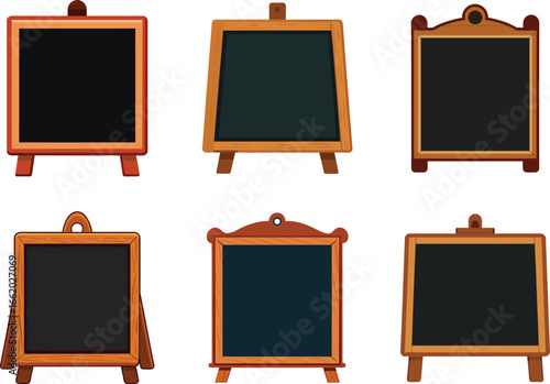 Collection of charming cartoon blank chalkboard signs with wooden frames and stands