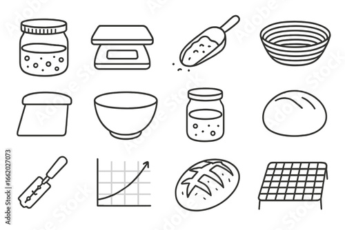 Sourdough Icons Collection. Line style icons of sourdough bread making: sourdough starter jar, measuring scale, flour scoop,