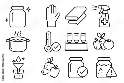Clean Fermentation Icons. Line style icons of clean fermentation practices: sanitized jar icon, glove hand, clean towel, alcohol