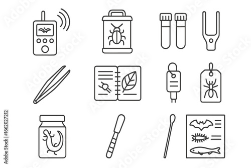 Cave Biology Tools. Line style icons of cave biology research gear: bat detector device, insect trap case, sample vials,