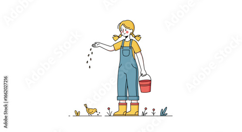 Illustration of a cheerful farmer girl feeding seeds to a cute little bird