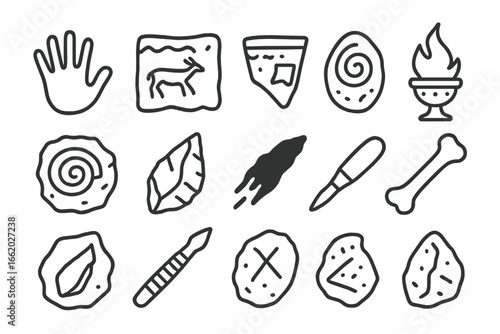 Cultural Cave Artifacts Icons. Line style icons of cultural cave artifacts: ancient handprint, cave painting panel, pottery shard,
