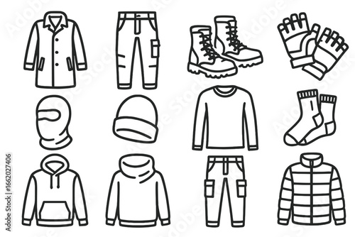 Urbex Clothing Icons. Line style icons of urbex clothing items: long coat icon, durable pants, tactical boots, fingerless gloves,