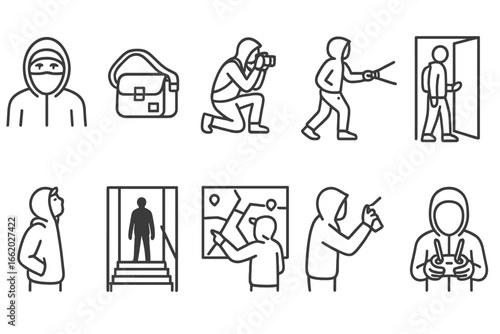 Urban Explorer Icons. Line style icons of urban explorer identity: masked explorer, camera bag, crouched photographer, flashlight