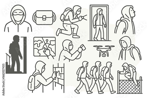 Urban Explorer Icons. Line style icons of urban explorer identity: masked explorer, camera bag, crouched photographer, flashlight