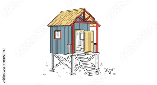 Quaint elevated beach cabin rendering with playful artistic flair and