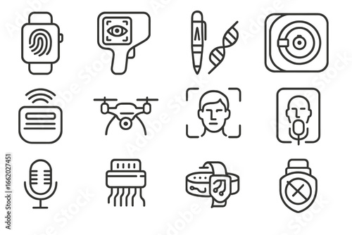 High-Tech Security Icons. Line style icons of high-tech security gadgets: biometric wrist tag, retina lock tool, DNA signature pen