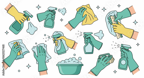 Illustrative cleaning routine: Hands in gloves spraying, wiping surfaces