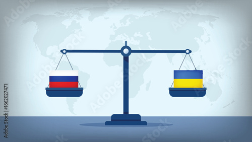 Balance Scale with Russia vs Ukraine Flags , International Relations and Global Trade Concept Vector