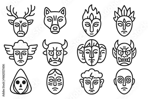 Shamanic Mask Icons. Line style icons of shamanic mask traditions: antlered forest spirit mask, animal totem mask, sacred bird