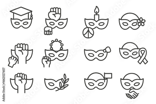 Cultural Ceremony Masks. Line style icons of masks in modern cultural ceremonies: graduation mask, freedom march mask, peace vigil