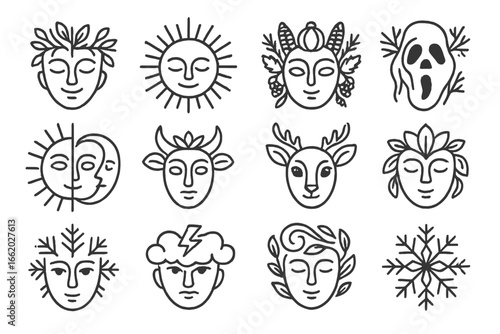 Seasonal Ritual Masks. Line style icons of masks in seasonal rituals: spring rebirth mask, summer sun mask, autumn harvest mask,