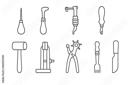 Leatherworking Tool Icons. Line style icons of leatherworking antique tools: stitching awl, edge beveller, groover, creaser,