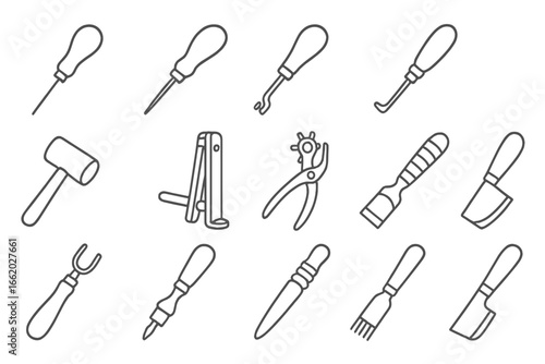 Leatherworking Tool Icons. Line style icons of leatherworking antique tools: stitching awl, edge beveller, groover, creaser,