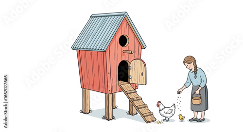 Illustration of rural life featuring woman tending to chickens near coop