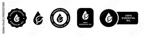 Essential Oil vector stamps for product features information.