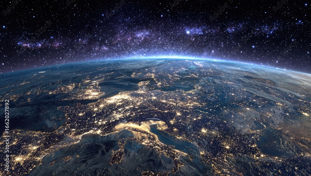 Fototapeta premium Night-lit Earth's curvature viewed from space, showcasing city lights against a star-studded Milky Way backdrop
