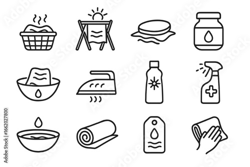 Fabric Finishes Icons. Line style icons of fabric finishes after dyeing: steam fix basket, sun dry rack, flat press stone, dye set