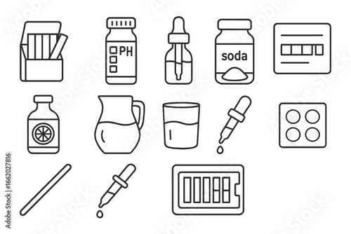 Dye pH Testing Tools. Line style icons of tools for dye pH testing: litmus paper, pH strip bottle, vinegar dropper, soda ash jar,