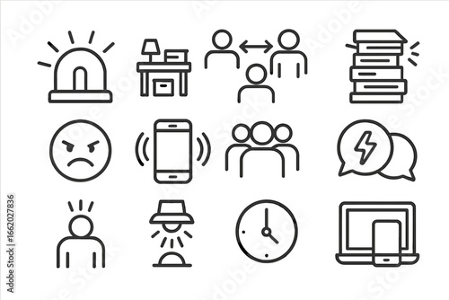 Behavioral Trigger Icons. Line style icons of behavioral triggers in environment: noise alarm, clutter space, social pressure icon