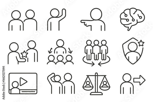 Social Learning Icons. Line style icons of social learning theory: observational learner, modeling icon, imitation gesture, mirror