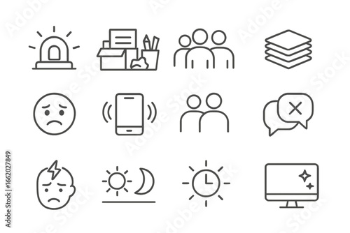 Behavioral Trigger Icons. Line style icons of behavioral triggers in environment: noise alarm, clutter space, social pressure icon