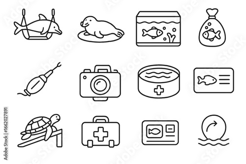 Aquatic Animal Rehab Icons. Line style icons of aquatic animal rehabilitation: dolphin stretcher, seal rest pad, saltwater tank,