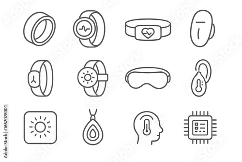 Wearable Biohacking Icons. Line style icons of wearable biohacking devices: smart ring, biorhythm monitor, heart rate belt,