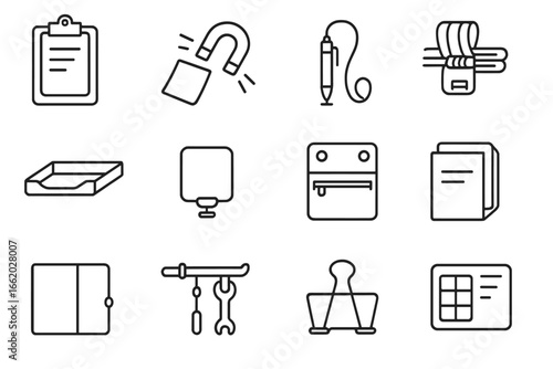 Zero-Gravity Workspace Icons. Line style icons of zero-gravity workspace organization: floating clipboard, magnet paper holder,