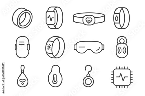 Wearable Biohacking Icons. Line style icons of wearable biohacking devices: smart ring, biorhythm monitor, heart rate belt,