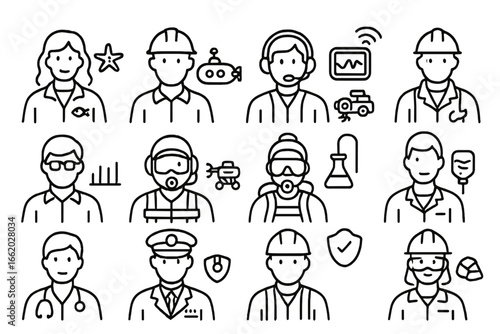Deep-Sea Crew Icons. Line style icons of deep-sea research crew: marine biologist icon, sub pilot figure, sonar technician, ocean