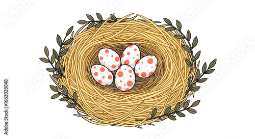 Delicate illustration of speckled eggs nestled warmly inside a woven nest