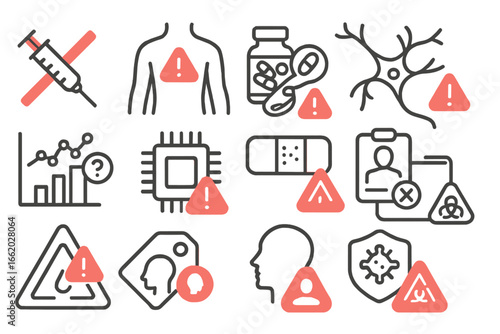 Biohacking Risk Icons. Line style icons of biohacking risks and warnings: crossed syringe icon, red alert body signal, supplement