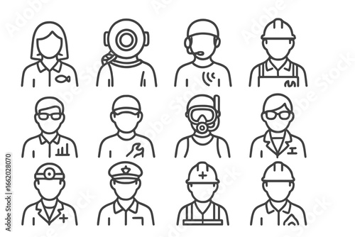 Deep-Sea Crew Icons. Line style icons of deep-sea research crew: marine biologist icon, sub pilot figure, sonar technician, ocean