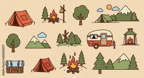 Scenic camping adventure with tents, campfires, mountains and recreational